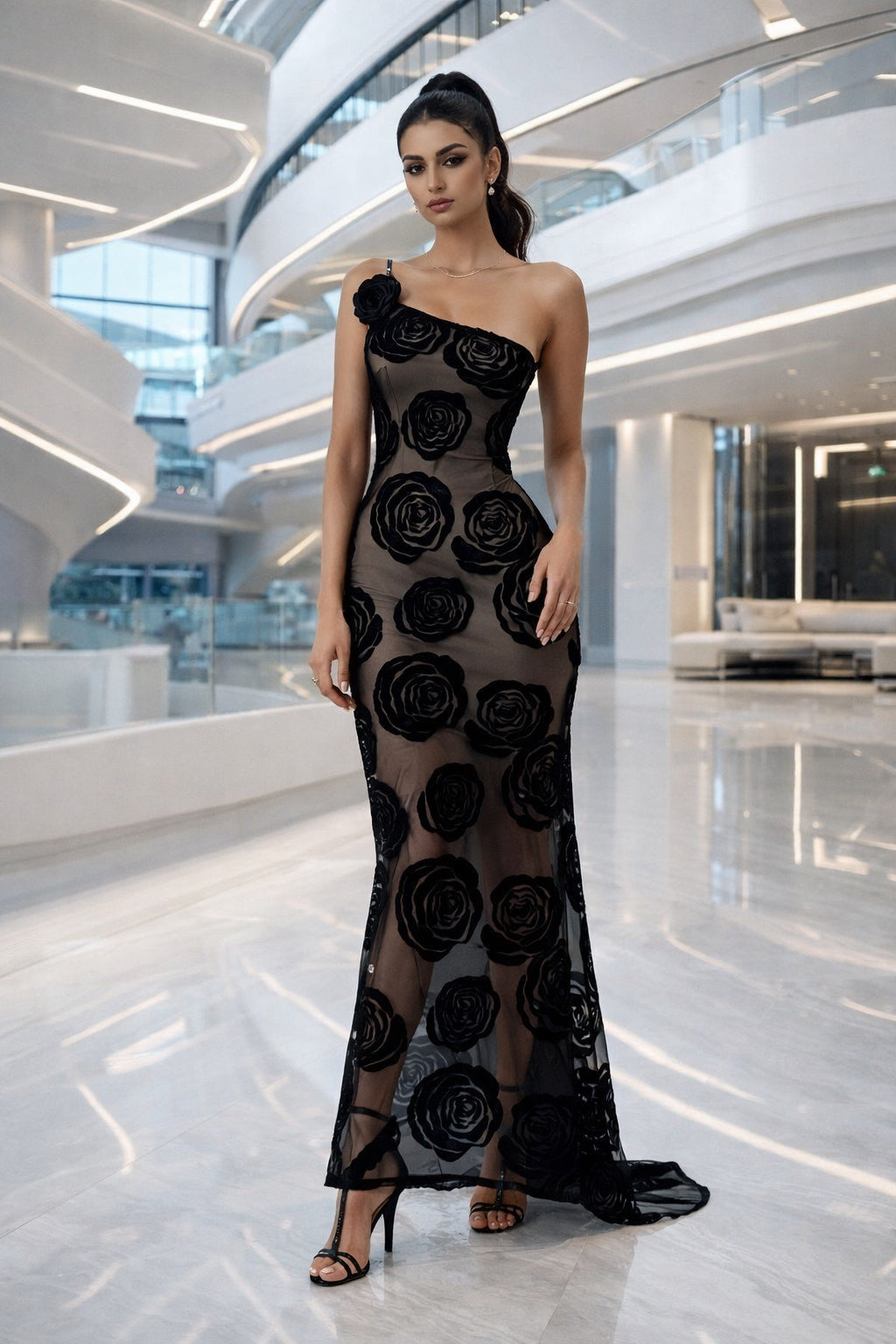 Holidays Club Party Dress Women Sexy Sheer Slim Party Dresses Elegant Floral Appliques Maxi Dress