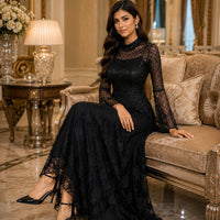 Black Lace Mermaid Elegant Evening Dress for Women High Neck Long Sleeve Sequins Party Dresses Prom Gowns Wedding