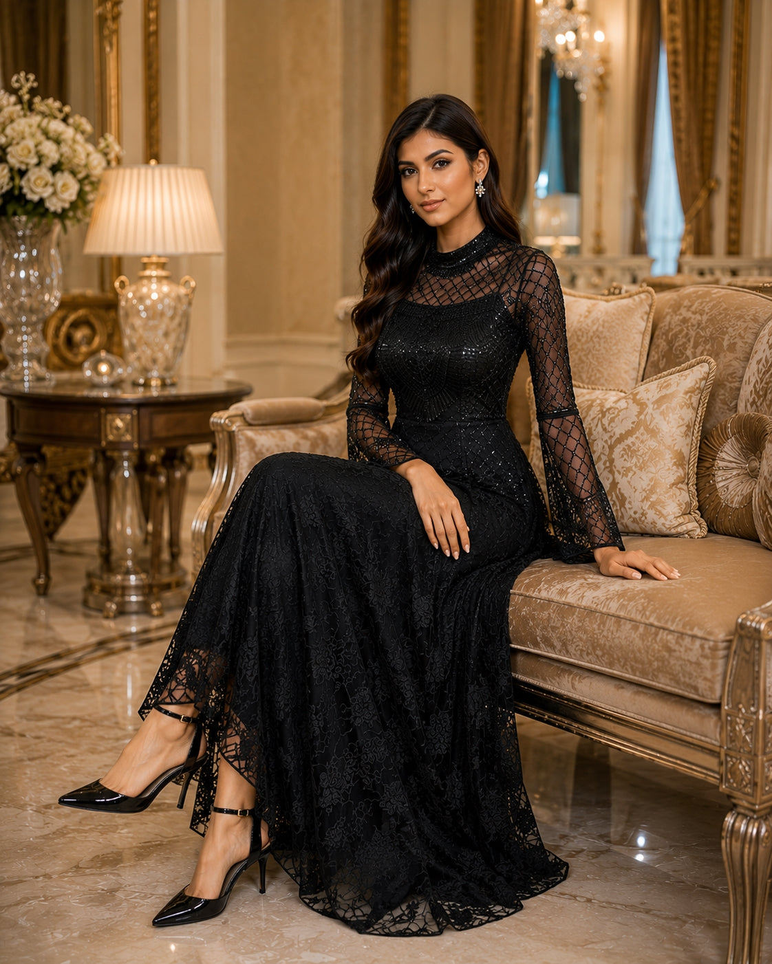 Black Lace Mermaid Elegant Evening Dress for Women High Neck Long Sleeve Sequins Party Dresses Prom Gowns Wedding