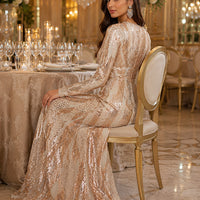 Round Neck Long Sleeved Sequin A Line Evening Dress Banquet Prom Maxi Wedding Bride Dress