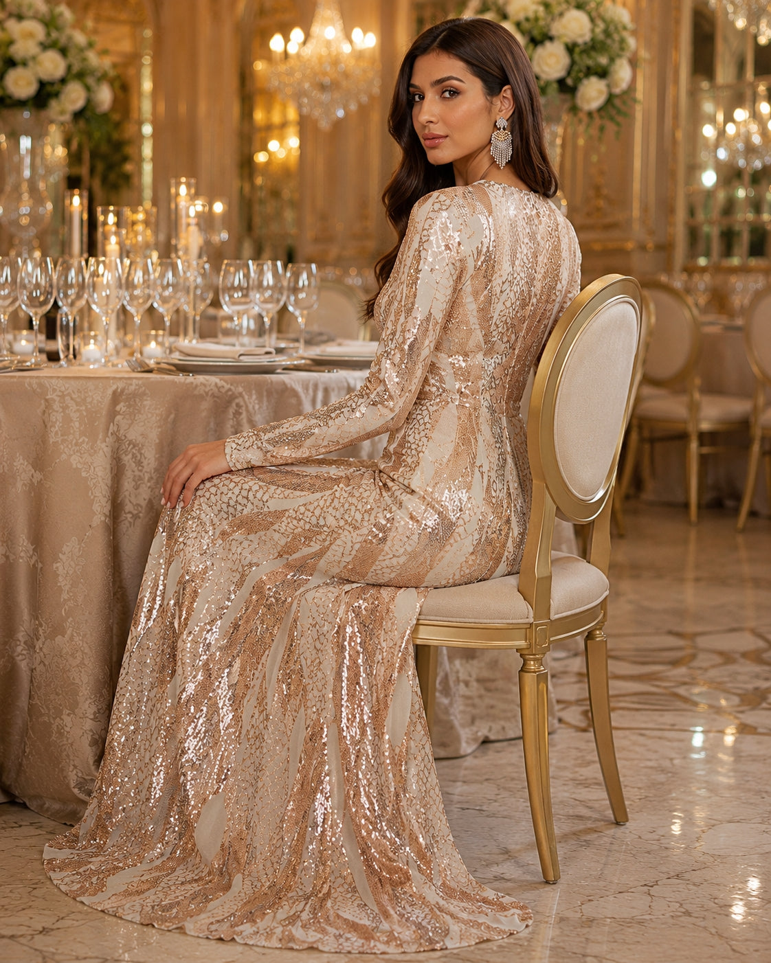Round Neck Long Sleeved Sequin A Line Evening Dress Banquet Prom Maxi Wedding Bride Dress