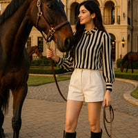 Elegant Commuter Long Sleeve Striped Shirt Women's Stand Collar Button up Polyester Fiber Straight Cut Fashionable Business wear