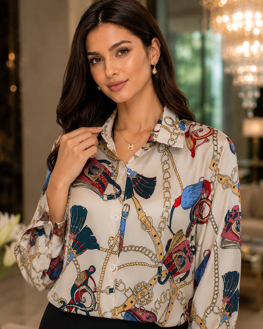 Fashion chain print ladies shirts Spring Women Blouses Long Sleeve Shirts Tops Natalia Home Fashion    Natalia Home Fashion