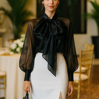 Style Shirt Female Bow Tie Collar Retro Bubble Long-Sleeved Elegant Blouse Women translucent