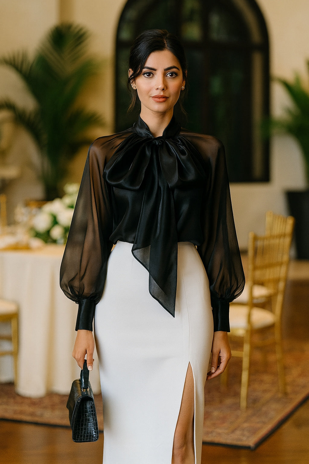 Style Shirt Female Bow Tie Collar Retro Bubble Long-Sleeved Elegant Blouse Women translucent