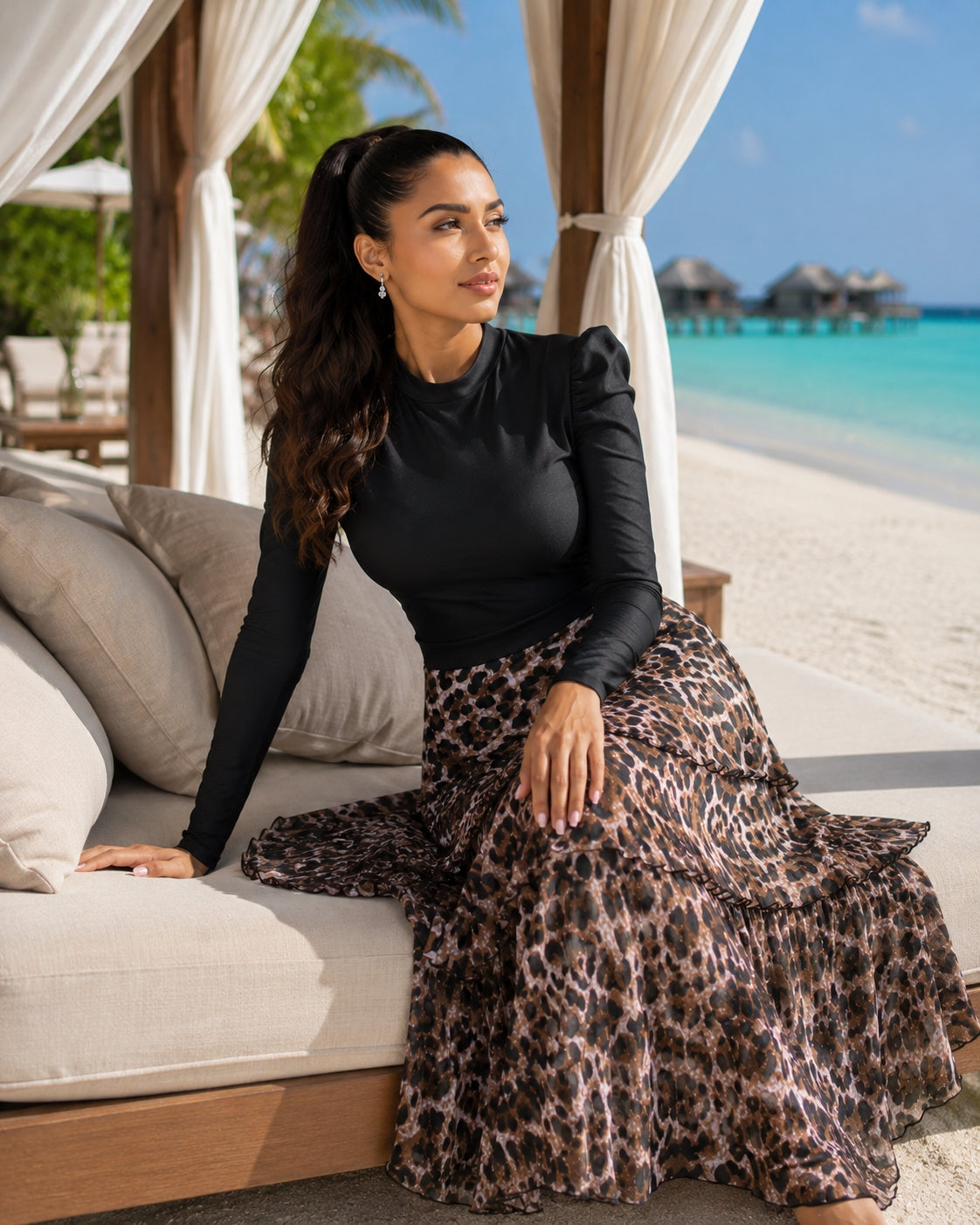 3pcs Muslim Burkini Modest swimsuit Black Long Sleeved Ladies Swimwear with Long Leopard Printed Dress beach swimsuit