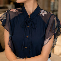 Women flare Short Sleeve blue shirts lady chiffon tops