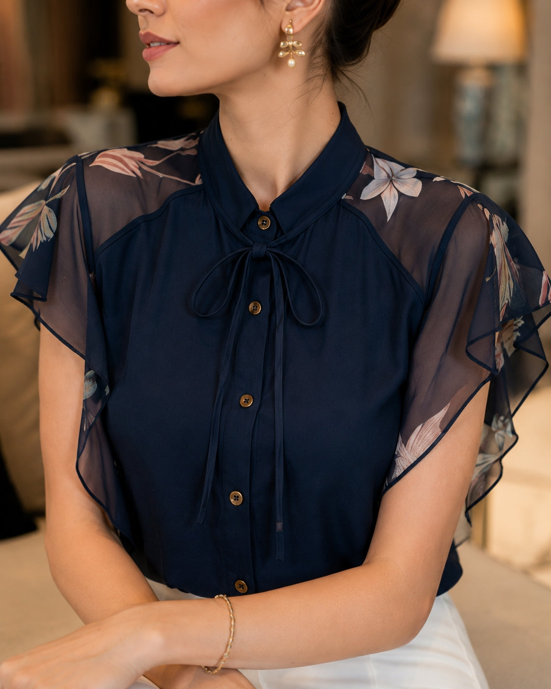 Women flare Short Sleeve blue shirts lady chiffon tops