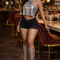 Women Metal Sequins High Collar Halter Neck Tank Top Sexy Backless Off The Shoulder Camisole Vocal Concert Party Crop Top
