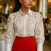 Mesh Hollow Out Women's Blouse Long Sleeve Embroidery Floral Women Shirts Button Up Woman Tops Streetwear Clothes