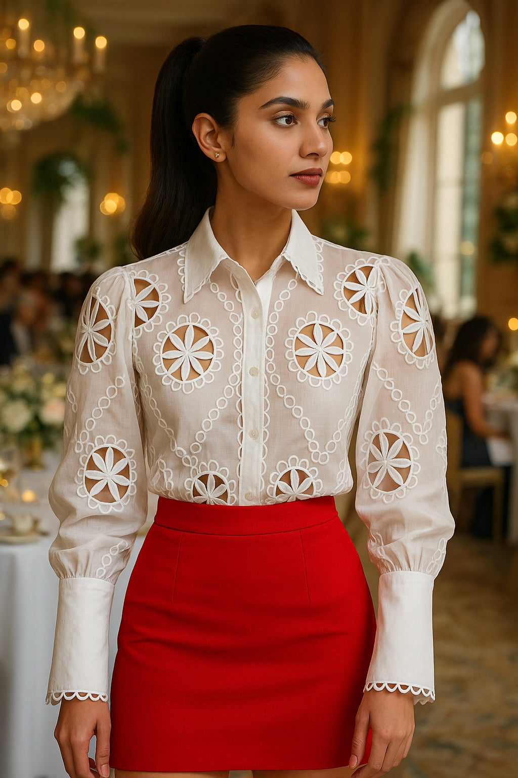 Mesh Hollow Out Women's Blouse Long Sleeve Embroidery Floral Women Shirts Button Up Woman Tops Streetwear Clothes