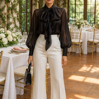 Style Shirt Female Bow Tie Collar Retro Bubble Long-Sleeved Elegant Blouse Women translucent