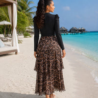 3pcs Muslim Burkini Modest swimsuit Black Long Sleeved Ladies Swimwear with Long Leopard Printed Dress beach swimsuit