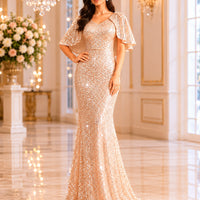 Cape Sleeves Sequined Evening Dress Mermaid Tail And Floor-Length Dress Elegant Dresses For Evening Dress