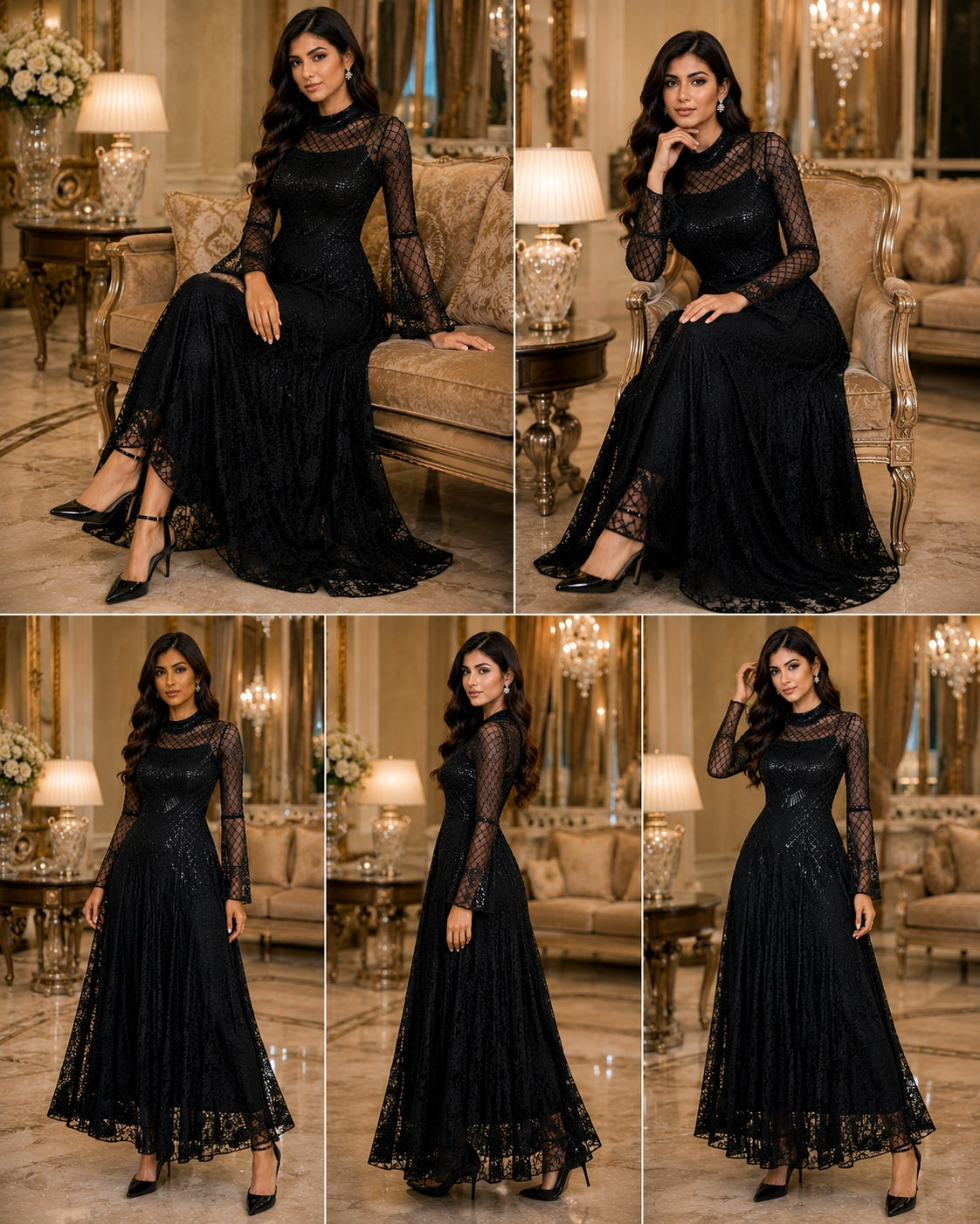 Black Lace Mermaid Elegant Evening Dress for Women High Neck Long Sleeve Sequins Party Dresses Prom Gowns Wedding