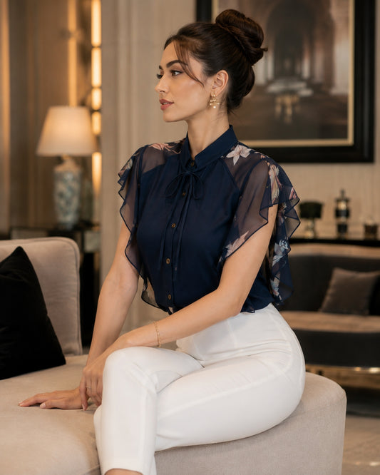 Women flare Short Sleeve blue shirts lady chiffon tops