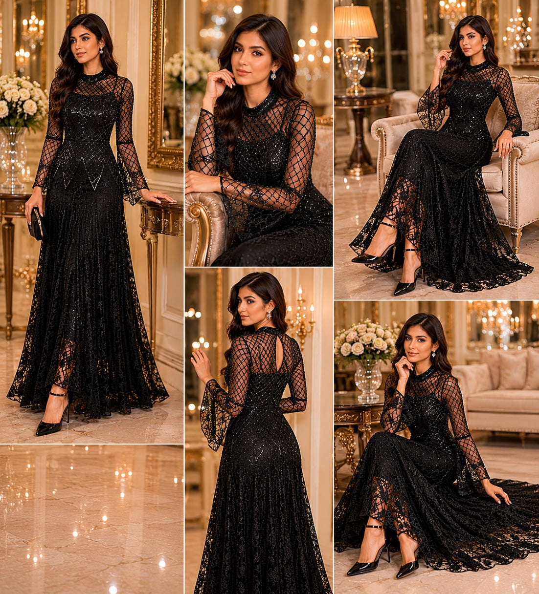 Black Lace Mermaid Elegant Evening Dress for Women High Neck Long Sleeve Sequins Party Dresses Prom Gowns Wedding