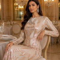 Round Neck Long Sleeved Sequin A Line Evening Dress Banquet Prom Maxi Wedding Bride Dress