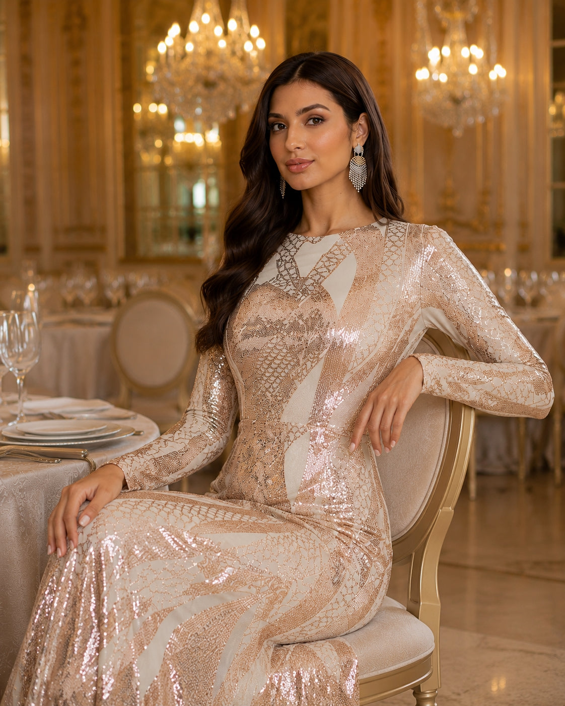 Round Neck Long Sleeved Sequin A Line Evening Dress Banquet Prom Maxi Wedding Bride Dress