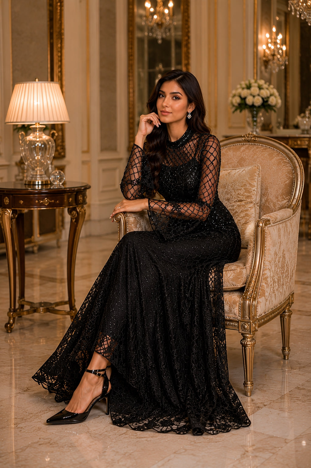 Black Lace Mermaid Elegant Evening Dress for Women High Neck Long Sleeve Sequins Party Dresses Prom Gowns Wedding