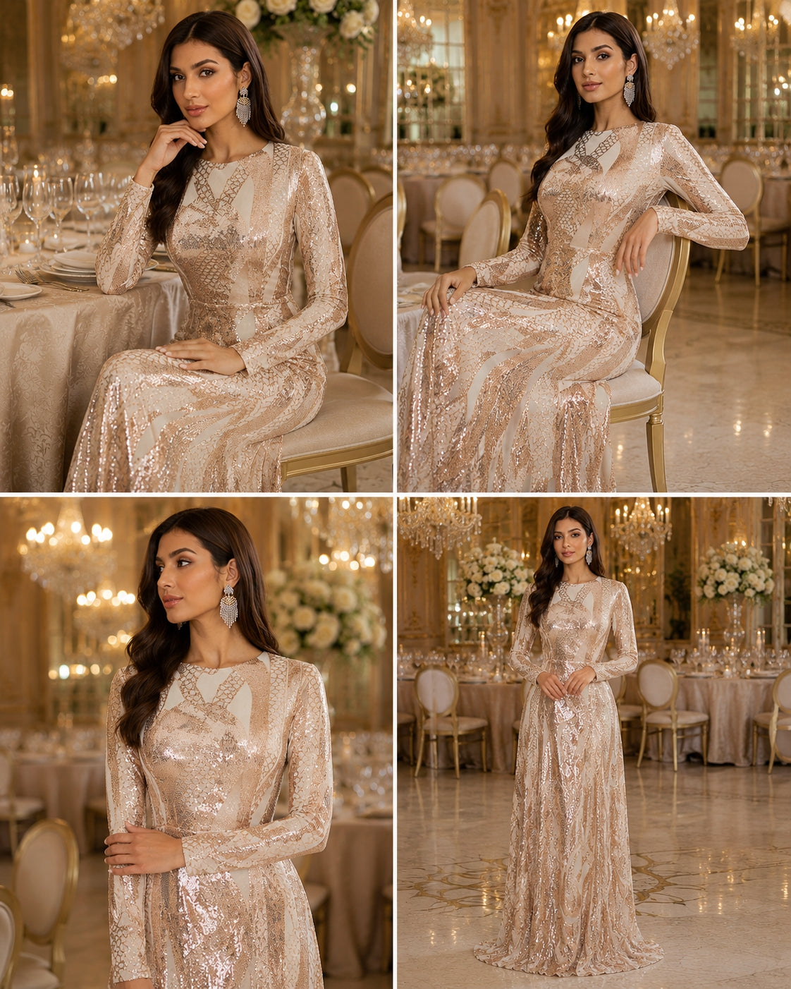 Round Neck Long Sleeved Sequin A Line Evening Dress Banquet Prom Maxi Wedding Bride Dress