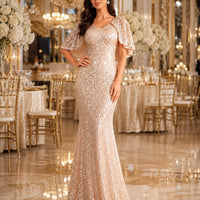Cape Sleeves Sequined Evening Dress Mermaid Tail And Floor-Length Dress Elegant Dresses For Evening Dress