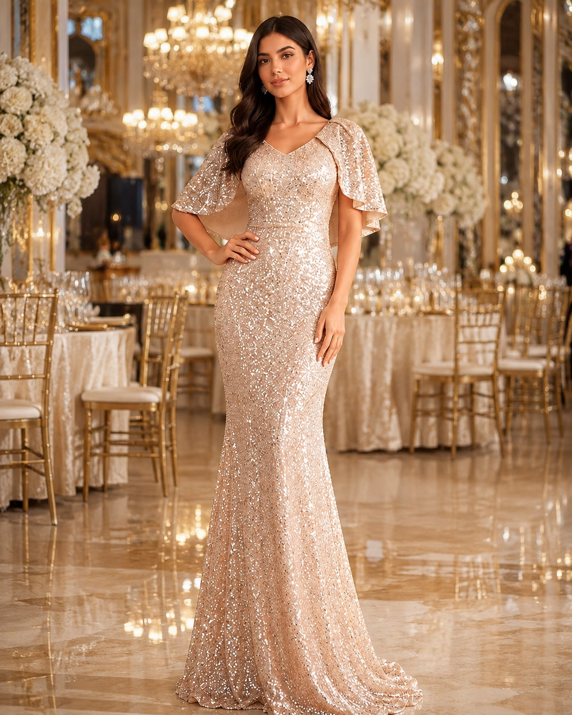 Cape Sleeves Sequined Evening Dress Mermaid Tail And Floor-Length Dress Elegant Dresses For Evening Dress