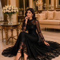 Black Lace Mermaid Elegant Evening Dress for Women High Neck Long Sleeve Sequins Party Dresses Prom Gowns Wedding
