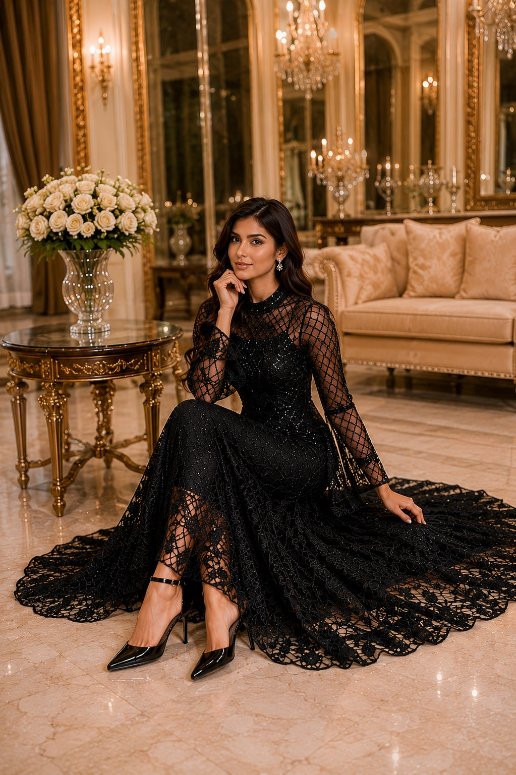 Black Lace Mermaid Elegant Evening Dress for Women High Neck Long Sleeve Sequins Party Dresses Prom Gowns Wedding