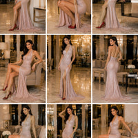Cross-Border New Sexy Slit Dress, Fashionable and Elegant V-Neck Halter Neck Shimmering Dress Gown