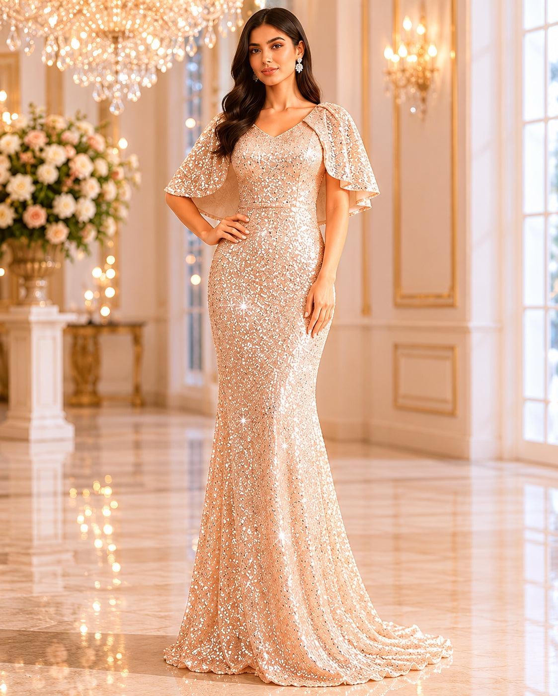 Cape Sleeves Sequined Evening Dress Mermaid Tail And Floor-Length Dress Elegant Dresses For Evening Dress