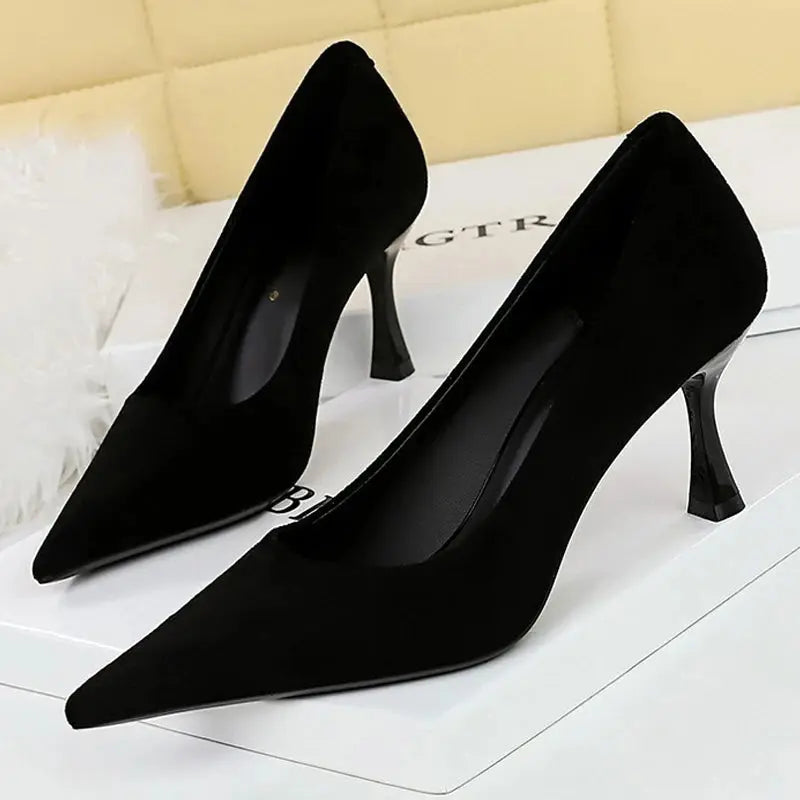 Suede Black Women Pumps Wine Glasses And High Heels Pointed Toe Women Heels Natalia Home Fashion Heels  3767-A1-Black-7cm-34 Natalia Home Fashion