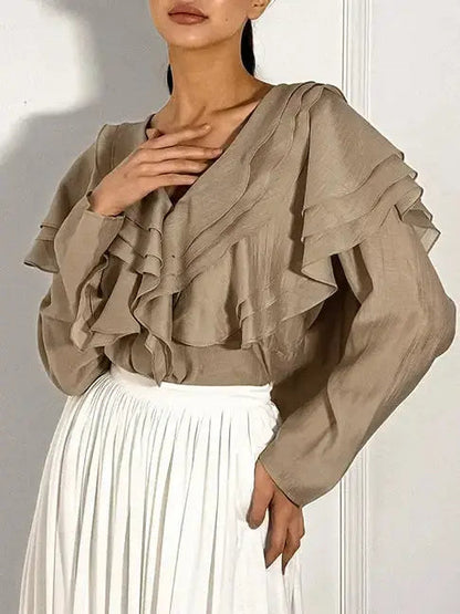 Women Spring/Summer 2024 New Sexy V-neck Layered Ruffled Solid Color Shirt My Store Europhia Top   Natalia Home Fashion