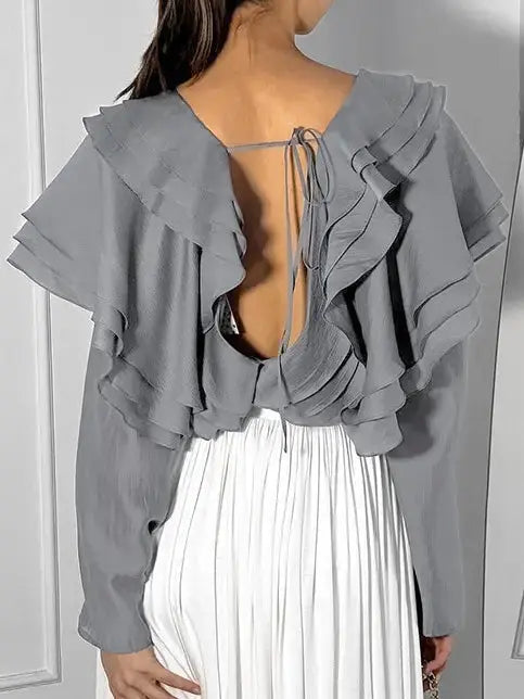 Women Spring/Summer 2024 New Sexy V-neck Layered Ruffled Solid Color Shirt My Store