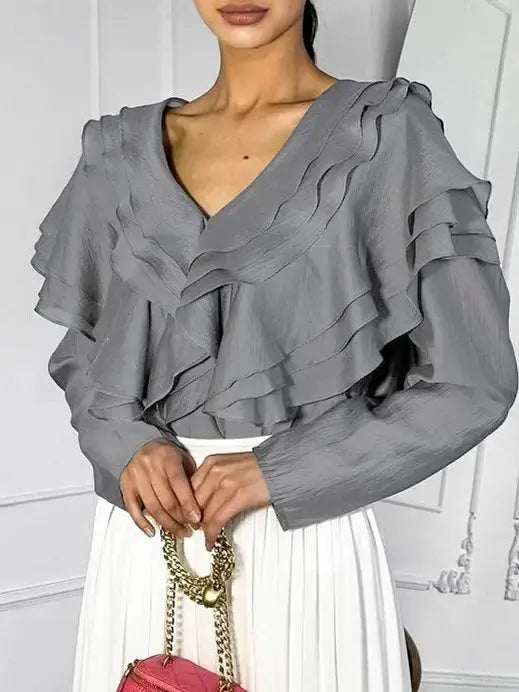Women Spring/Summer 2024 New Sexy V-neck Layered Ruffled Solid Color Shirt My Store