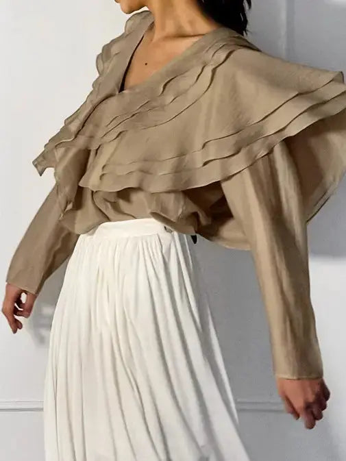 Women Spring/Summer 2024 New Sexy V-neck Layered Ruffled Solid Color Shirt My Store