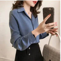 Summer Elegant Regular Women's Blouse Solid Color Long Sleeved Simple Ladies Chiffon Tops and Blouses My Store