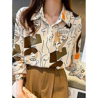 Summer Women Shirt 3D Abstract Line Face Digital Print Long Sleeve Shirt Women Fashion Large Size Lapel Button Down Shirt Natalia Home Fashion    Natalia Home Fashion