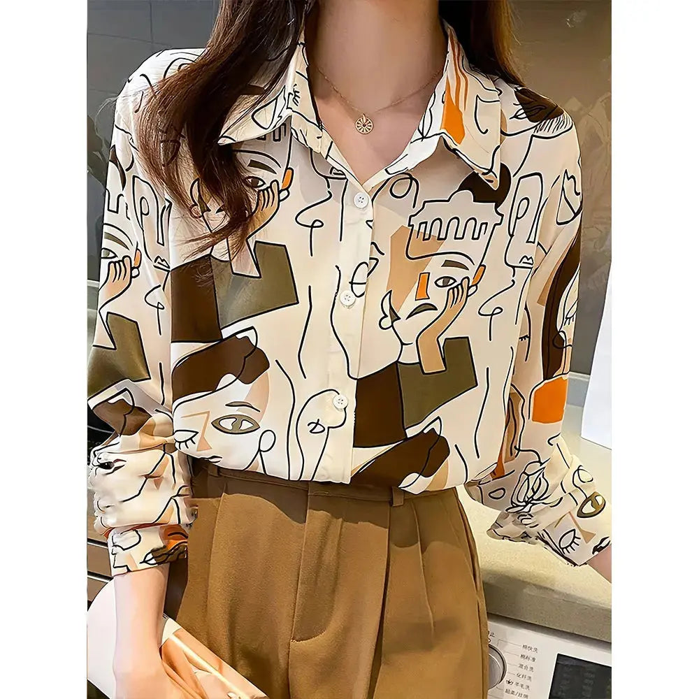 Summer Women Shirt 3D Abstract Line Face Digital Print Long Sleeve Shirt Women Fashion Large Size Lapel Button Down Shirt Natalia Home Fashion    Natalia Home Fashion