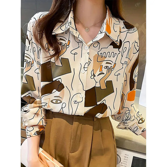Summer Women Shirt 3D Abstract Line Face Digital Print Long Sleeve Shirt Women Fashion Large Size Lapel Button Down Shirt Natalia Home Fashion    Natalia Home Fashion