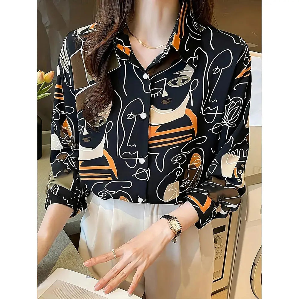 Summer Women Shirt 3D Abstract Line Face Digital Print Long Sleeve Shirt Women Fashion Large Size Lapel Button Down Shirt Natalia Home Fashion   B25SKM248510261-XXXL Natalia Home Fashion