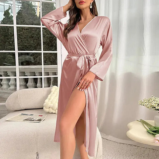 Summer sexy silk robe Women's long sleeve long lace-up robe Morning gown Fashion casual home robe My Store
