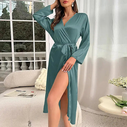 Summer sexy silk women's robe long sleeve long lace-up robe Morning gown Fashion casual home robe My Store Midnight Rebel   Natalia Home Fashion