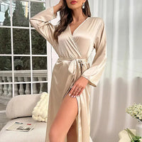 Summer sexy silk robe Women's long sleeve long lace-up robe Morning gown Fashion casual home robe My Store