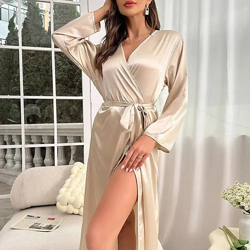 Summer sexy silk robe Women's long sleeve long lace-up robe Morning gown Fashion casual home robe My Store
