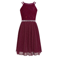 Teen Girls Sleeveless Sequined Floral Lace Shiny Dress for Wedding Formal Birthday Party Dresses Natalia Home Fashion   Burgundy-12 Natalia Home Fashion