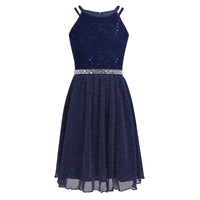 Teen Girls Sleeveless Sequined Floral Lace Shiny Dress for Wedding Formal Birthday Party Dresses Natalia Home Fashion   Navy-Blue-16 Natalia Home Fashion