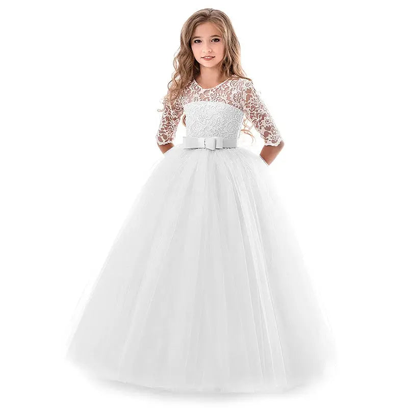 Vintage Flower Girl Princess Dress For Weddings Summer Kid Formal Bow Long Gown For School Evening Party Children Natalia Home Fashion   378WHITE-13-14T Natalia Home Fashion