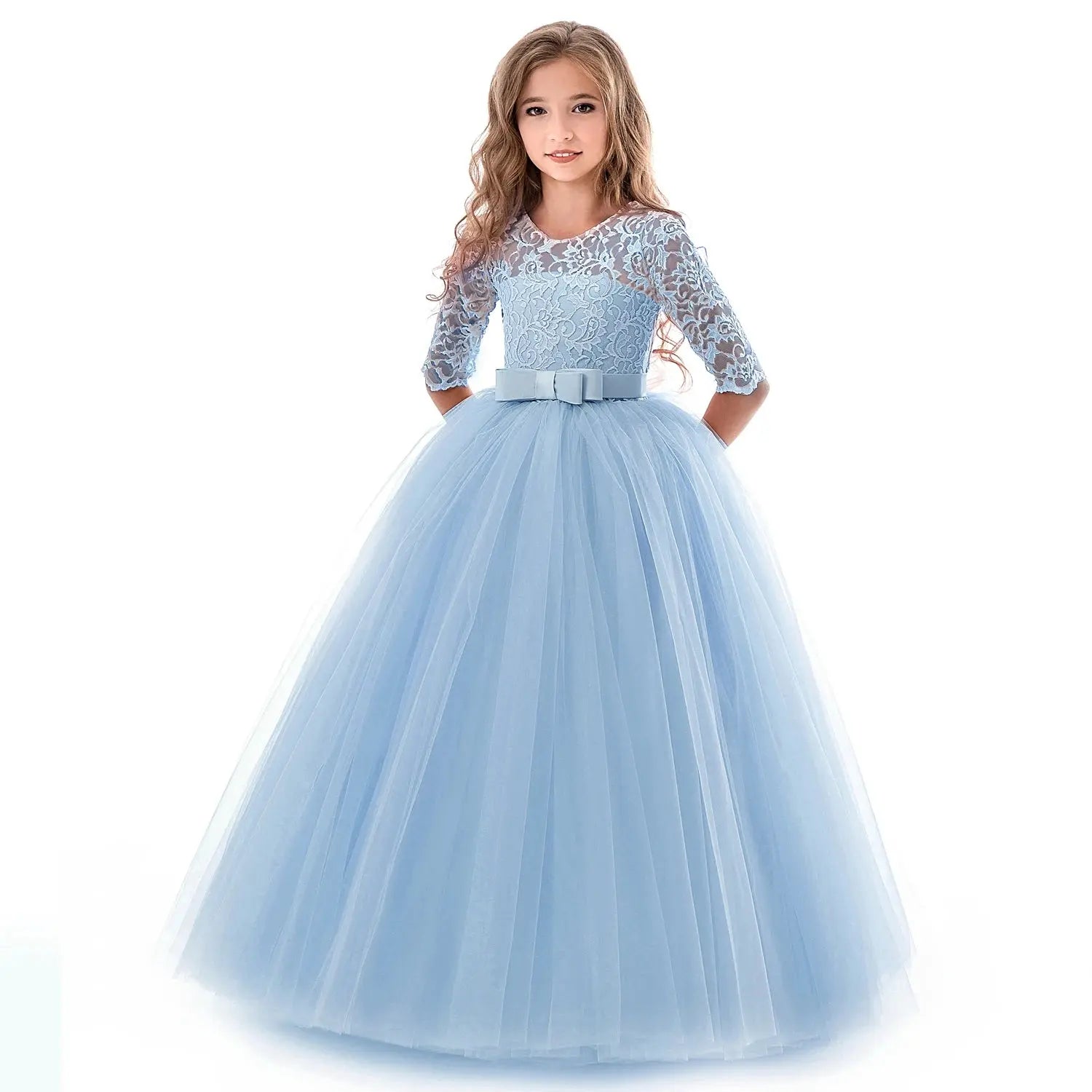 Vintage Flower Girl Princess Dress For Weddings Summer Kid Formal Bow Long Gown For School Evening Party Children Natalia Home Fashion   378Blue-13-14T Natalia Home Fashion