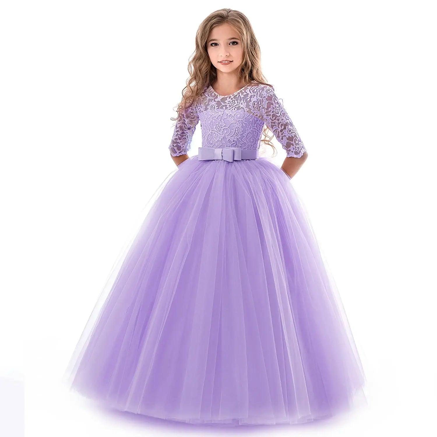 Vintage Flower Girl Princess Dress For Weddings Summer Kid Formal Bow Long Gown For School Evening Party Children Natalia Home Fashion   378Purple-11-12T Natalia Home Fashion